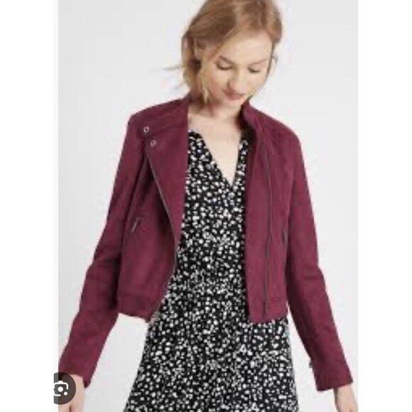 Banana Republic Fact. Womans Sz L Banded Collar Vegan Suede Moto Jacket Burgundy - Picture 1 of 11